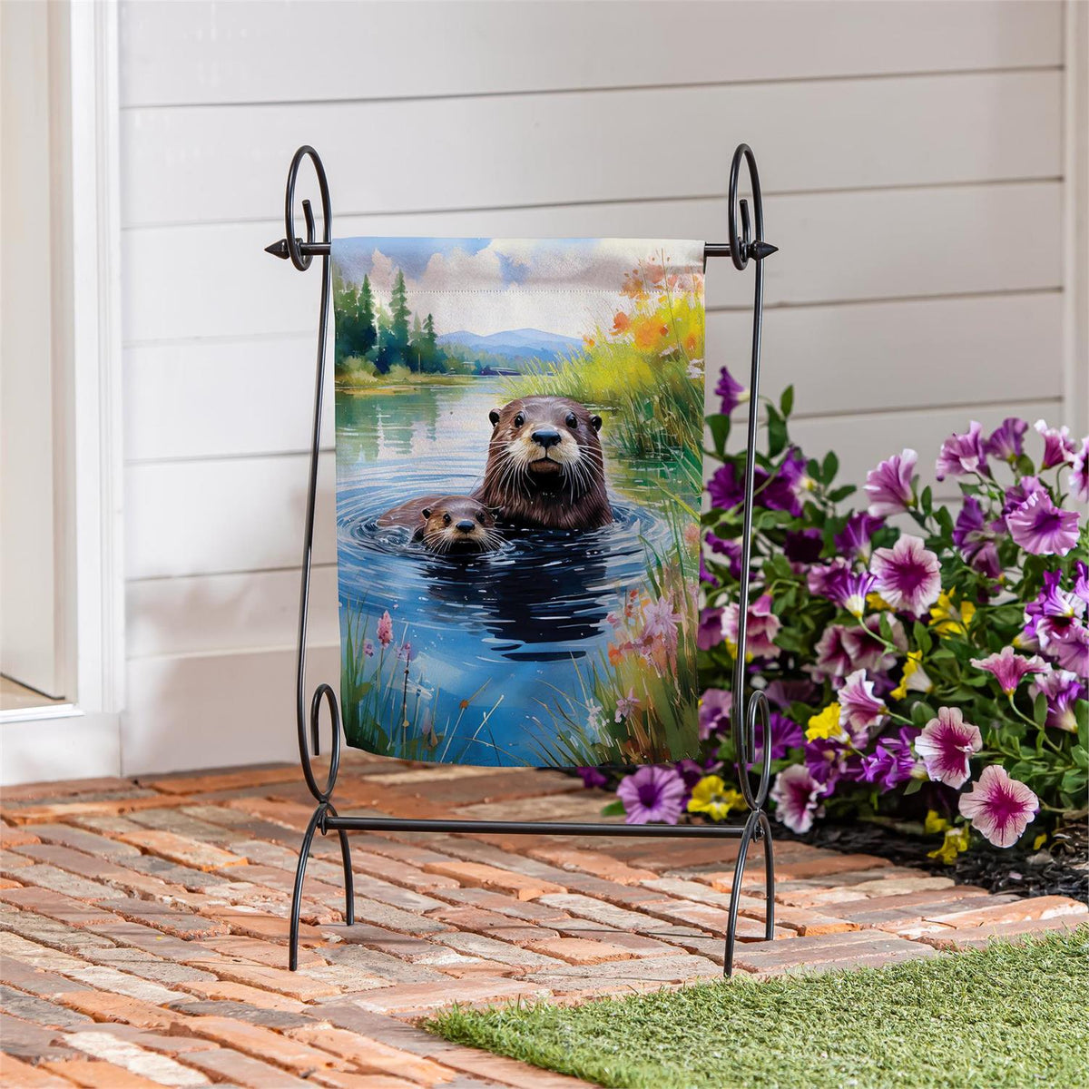 Evergreen Otter Family Suede Garden Flag