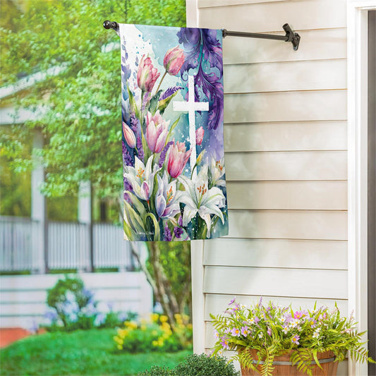 Evergreen Tulip & Easter Lily Cross Suede House Flag