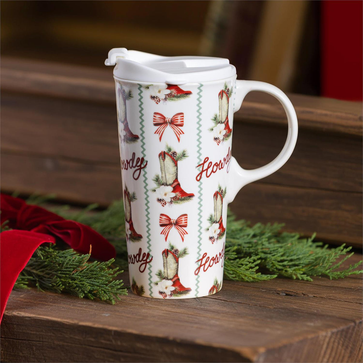 Evergreen Ceramic Travel Cup Howdy Holidays Cowboy Boots