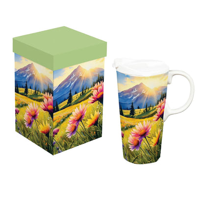 Evergreen Ceramic Perfect Cup Mountains and Flowers 17oz