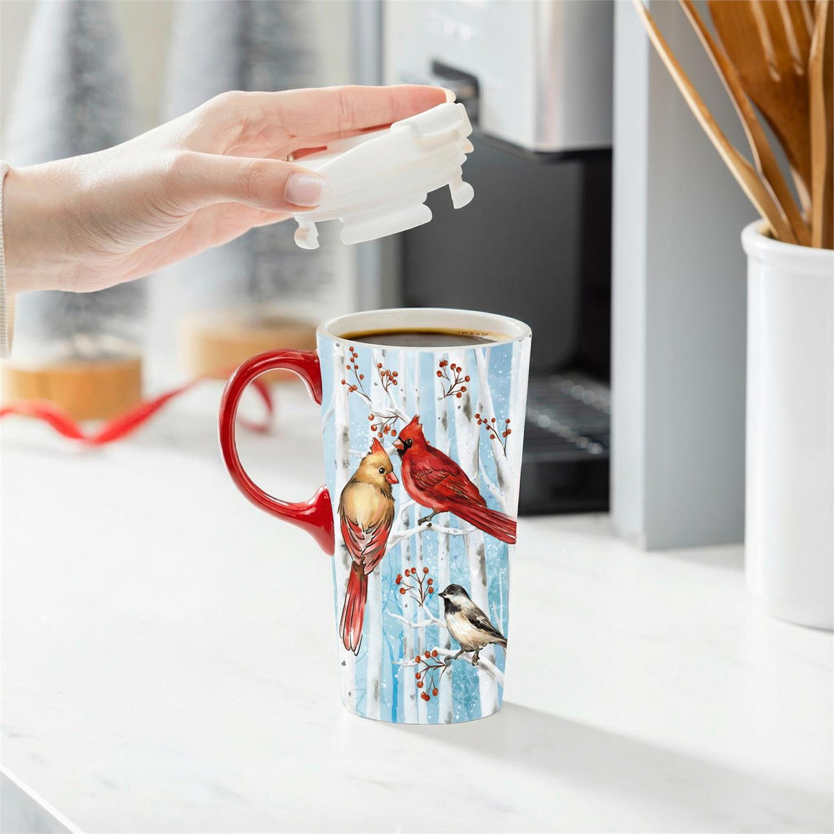 Evergreen Ceramic Travel Cup Snowbirds Cardinal Couple