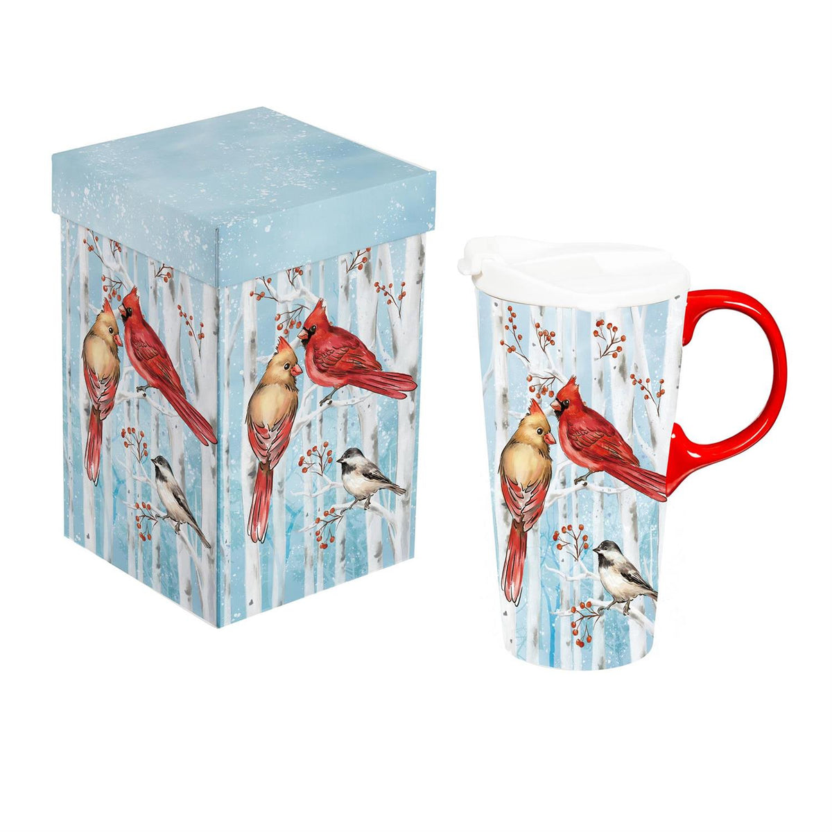 Evergreen Ceramic Travel Cup Snowbirds Cardinal Couple