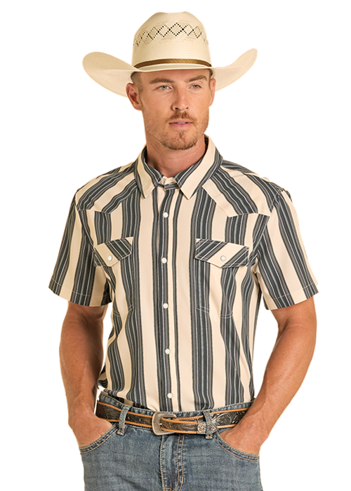 Rock & Roll 2 Pocket Short Sleeve Snap Shirt Black Striped