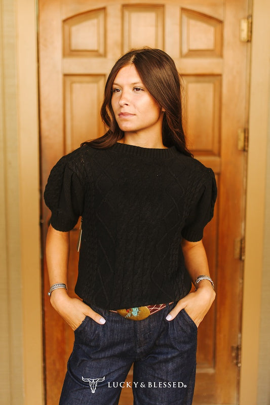 Lucky & Blessed Cable Knit Puff Sleeve Sweater Black