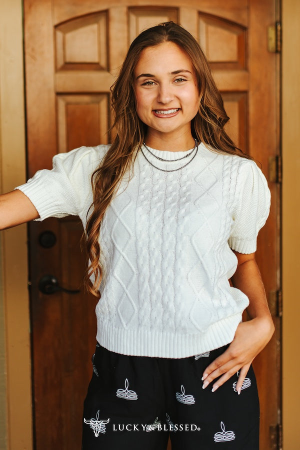 Lucky & Blessed Cable Knit Puff Sleeve Sweater Ivory