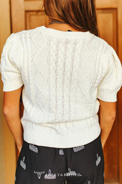 Lucky & Blessed Cable Knit Puff Sleeve Sweater Ivory