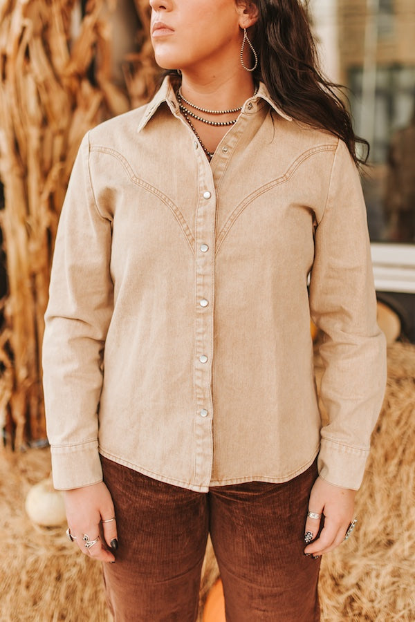 Lucky & Blessed Mineral Wash Button Down Shirt Cream