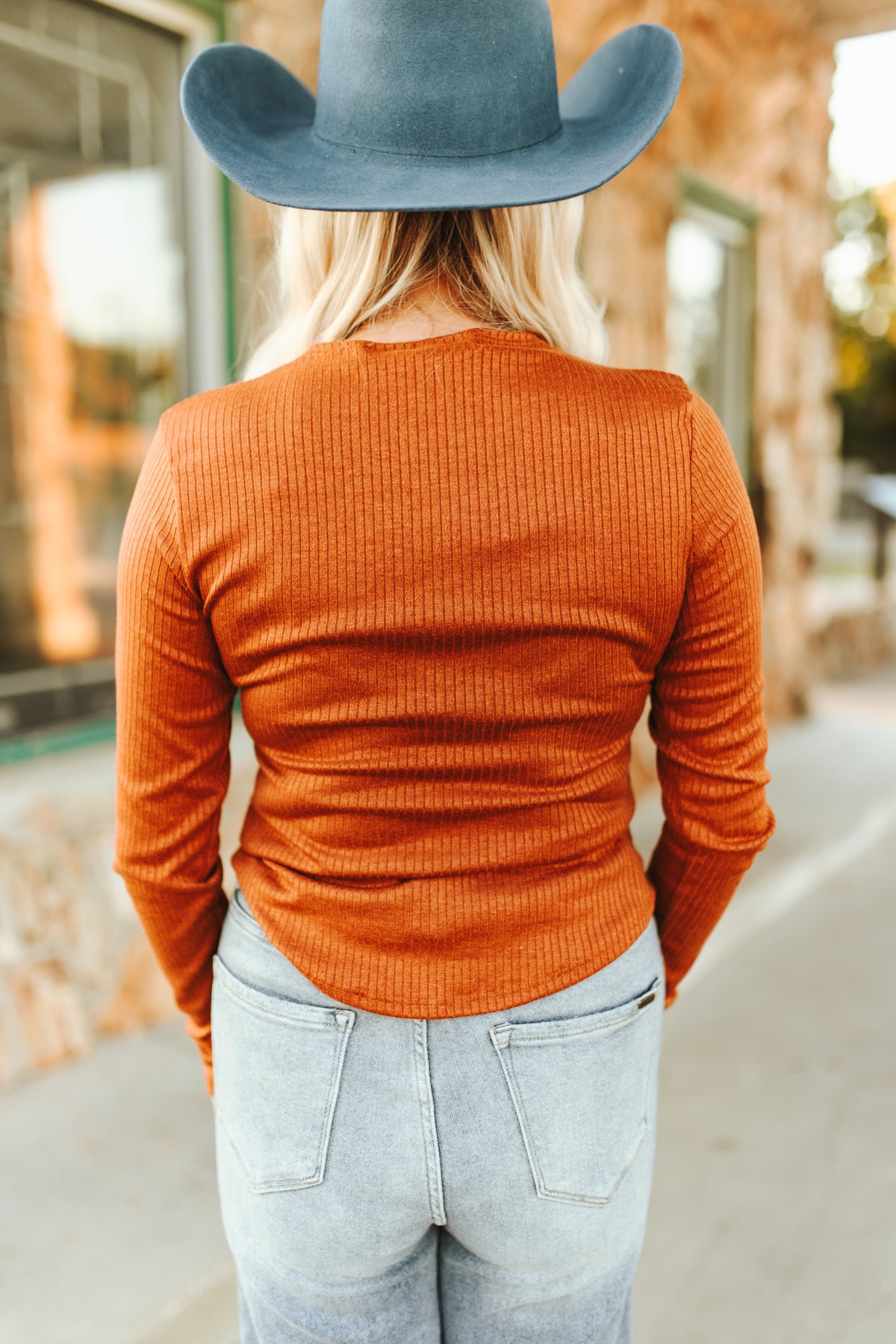Lucky & Blessed Ribbed Scoop Neck Long Sleeve Crop Top Camel