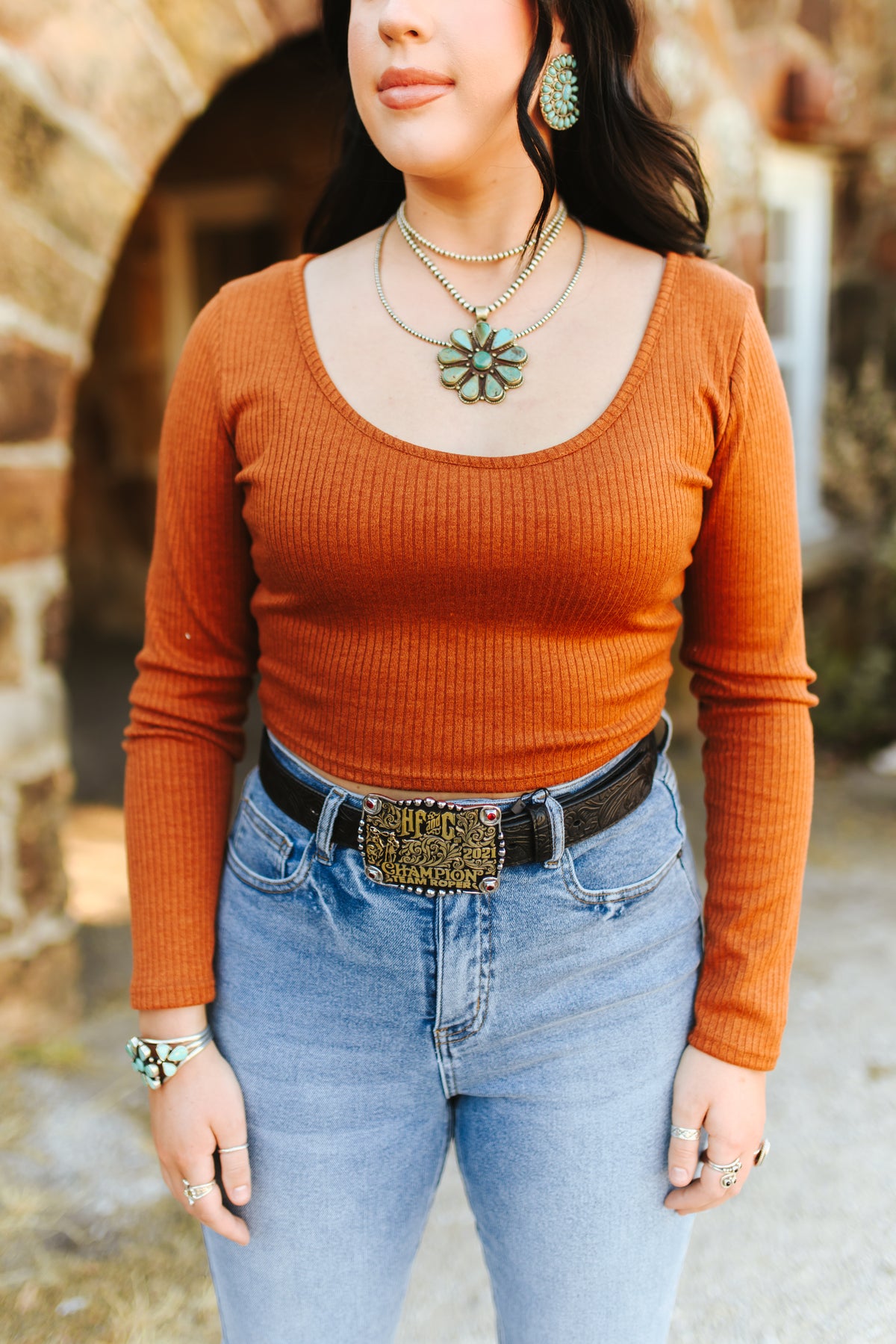 Lucky & Blessed Ribbed Scoop Neck Long Sleeve Crop Top Camel