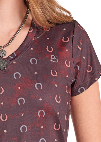 Rock & Roll Horseshoe Print Performance T-Shirt Burgundy