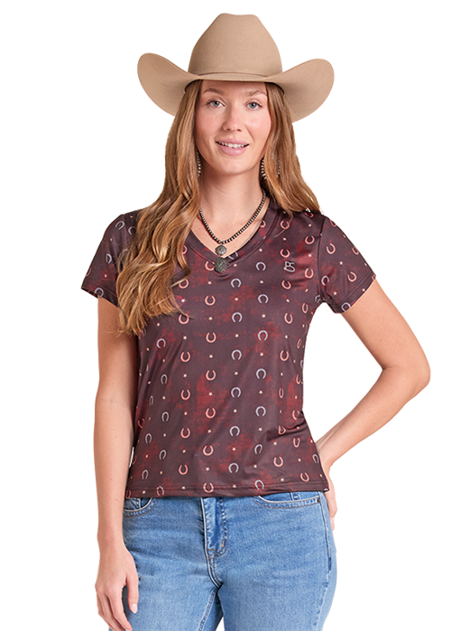 Rock & Roll Horseshoe Print Performance T-Shirt Burgundy