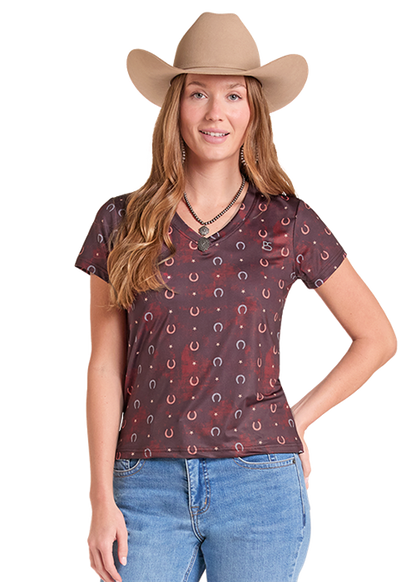 Rock & Roll Horseshoe Print Performance T-Shirt Burgundy