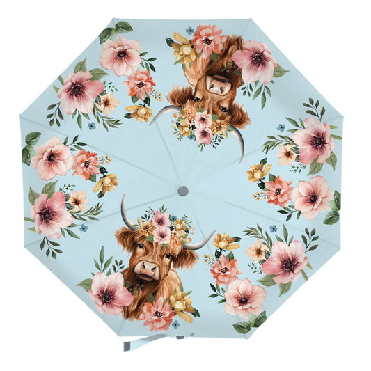 Evergreen Petal & Plow Umbrella Manual Compact with Sleeve Farm Highland Cow