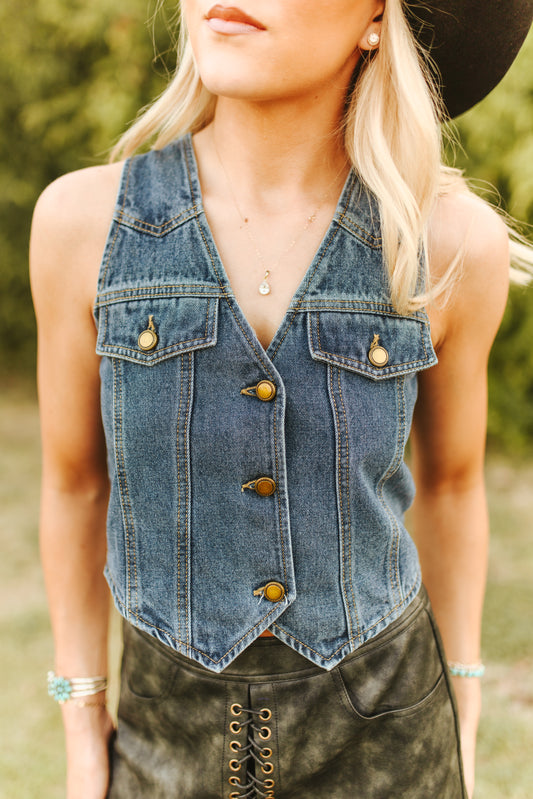 Lucky & Blessed Classic Mid Wash Button Down Denim Vest