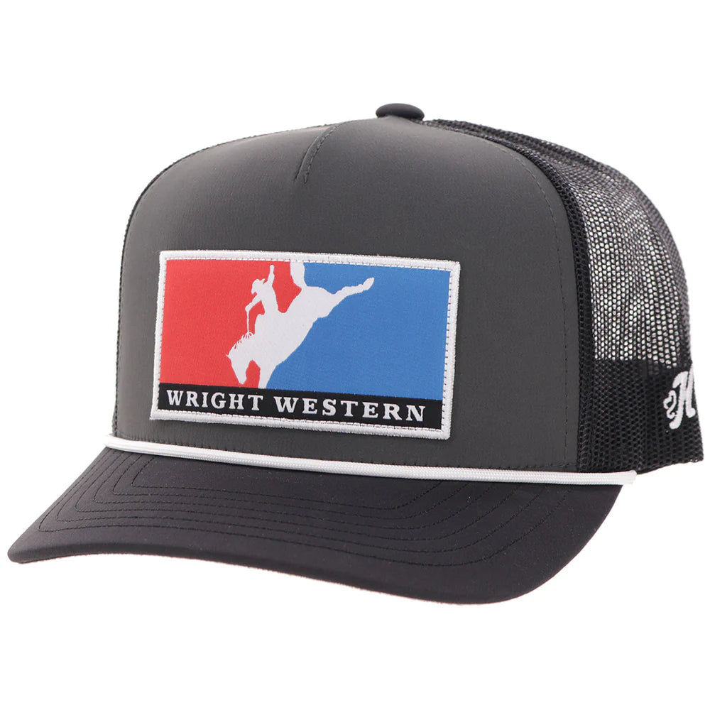 Hooey Wright Brothers Charcoal Black 5-Panel Trucker with Red Blue Rectangle Patch