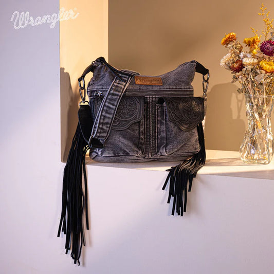 Montana West Wrangler Fringe Floral Tooled Denim Crossbody