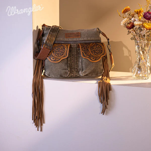 Montana West Wrangler Fringe Floral Tooled Denim Crossbody