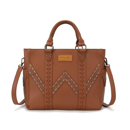Montana West Wrangler Western Stitch & Embossed Chevron Satchel Tote Bag - Brown
