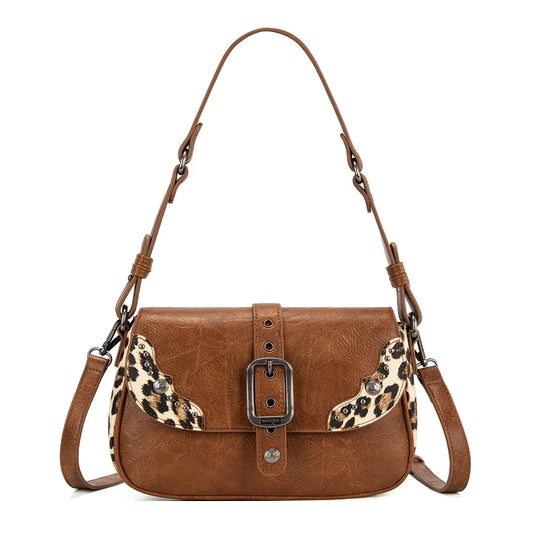 Montana West Wrangler Western Buckle Studded Shoulder Crossbody Bag - Brown