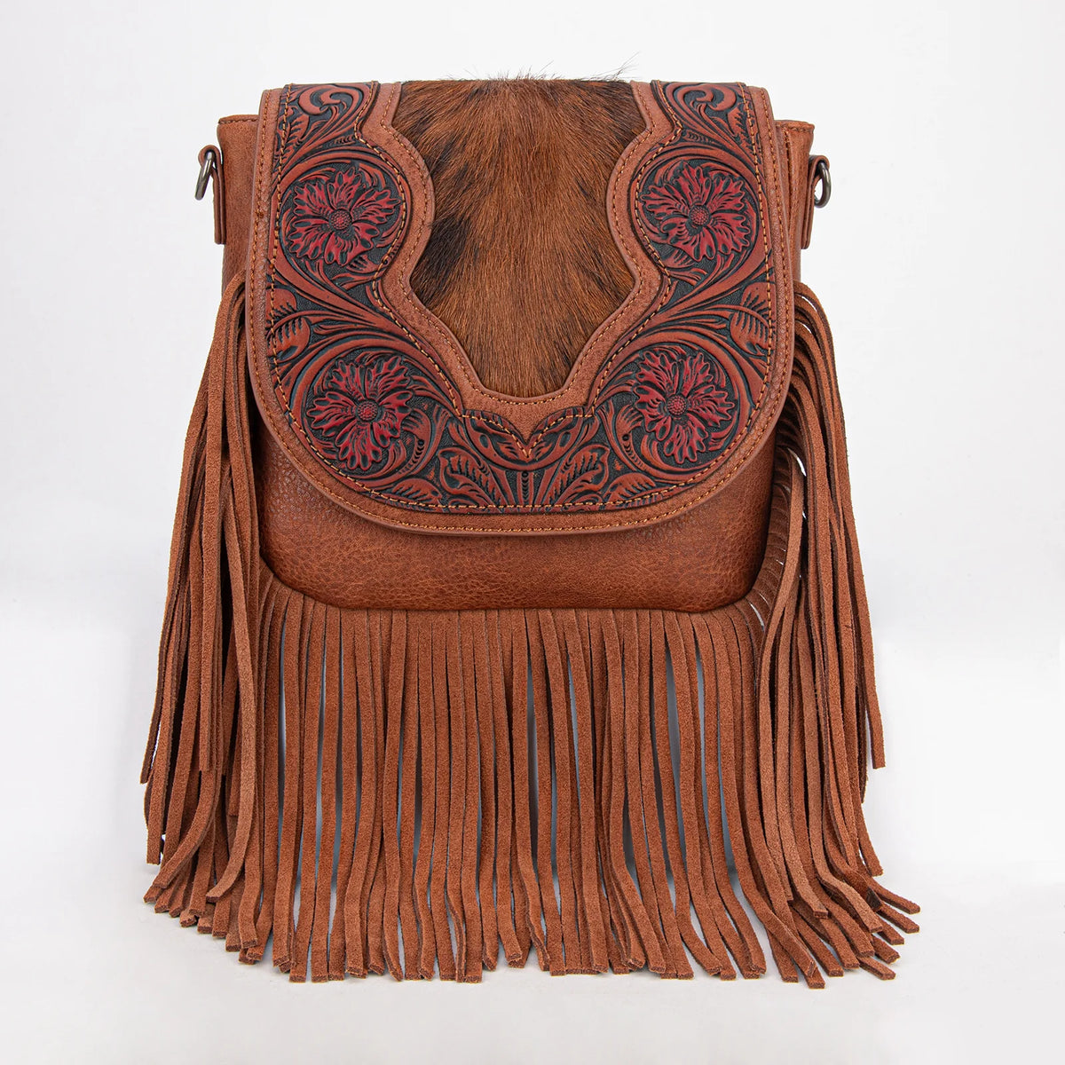 Montana West Trinity Ranch Cowhide Fringe Tooled Crossbody