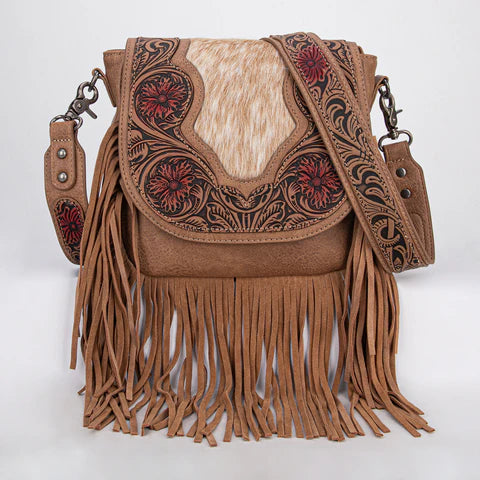 Montana West Trinity Ranch Cowhide Fringe Tooled Crossbody