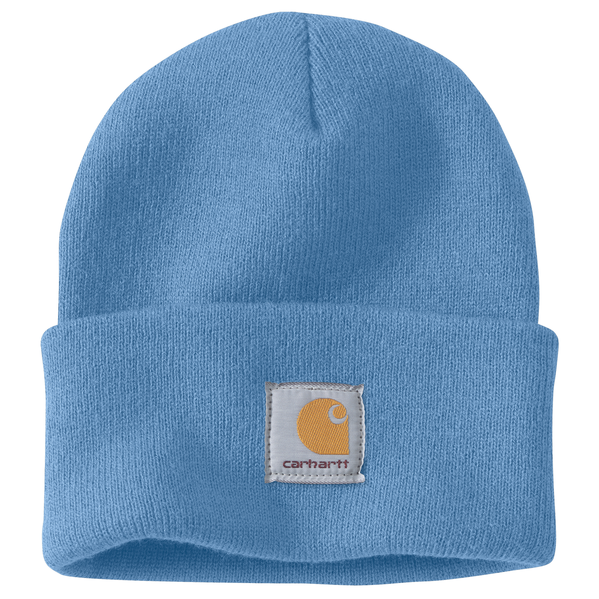 Carhartt Knit Beanie with a centered logo patch in a Light Blue (almost Carolina Blue) Color