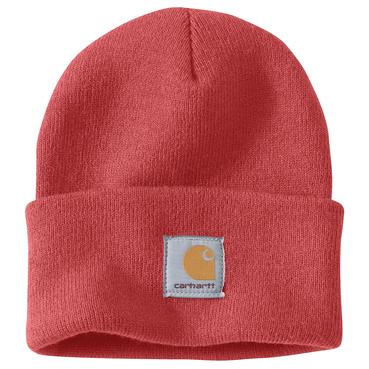 Carhartt Knit Beanie with a centered logo patch in a Salmon/Pink Color 