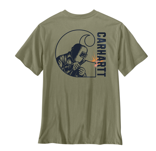 Mens Carhartt T-Shirt in a dark olive color with a welder inside of the carhartt logo welding a part of the logo