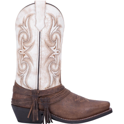 Laredo Myra White Crackle/Ankle Fringe Sq Toe