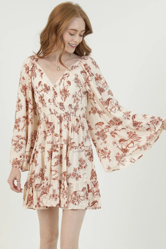 Angie Horse Floral Print V Neck Dress with Bell Sleeves Ivory