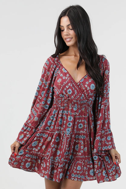 Angie Silver Lurex Bell Sleeve Dress Wine