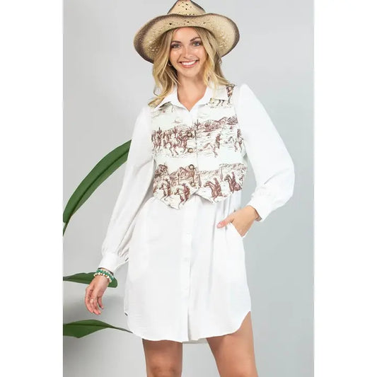 Avery Gabby Western Print Button Down Vest Light Mocha