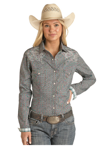 Panhandle Paisley Print Turquoise/Brown LS Snap