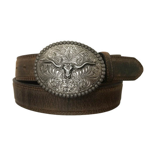 AndWest Brown Belt With Oval Longhorn Buckle