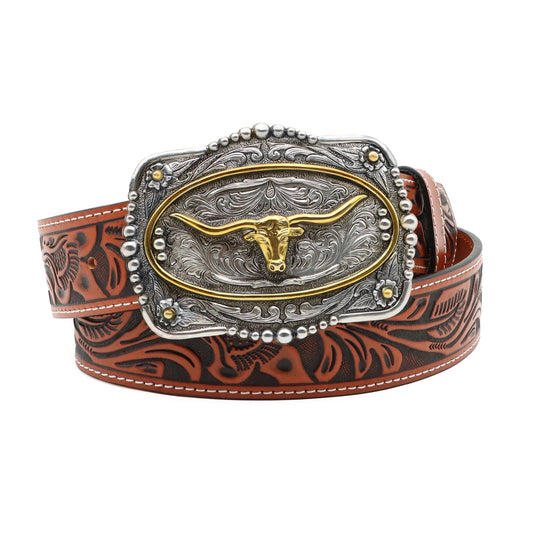 AndWest Veg Tooled With Longhorn Buckle Belt