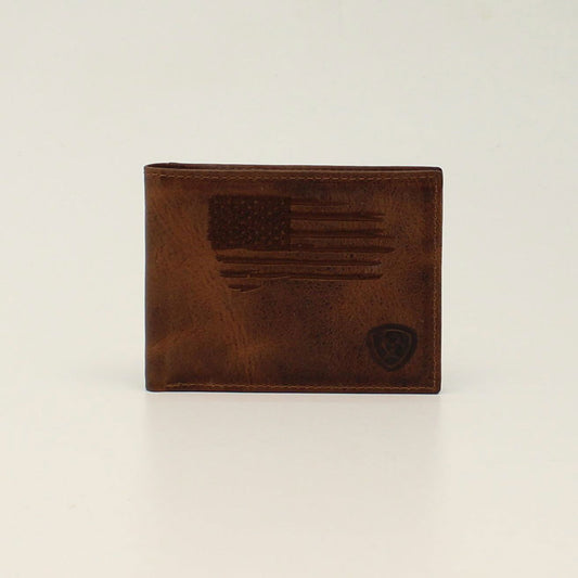 Ariat Embroidered Flag Distressed Brown Bifold Wallet