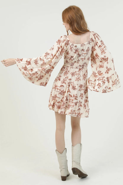 Angie Horse Floral Print V Neck Dress with Bell Sleeves Ivory