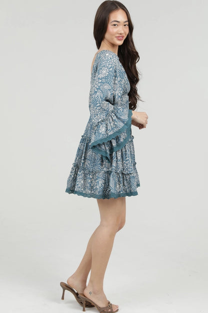 Angie V-Neck Smocked Bust Flare Bell Sleeve Dress Blue