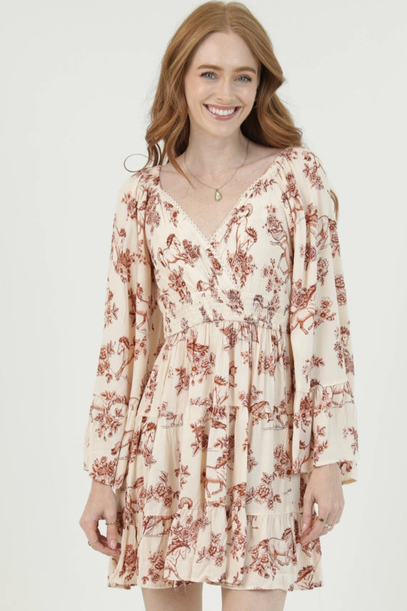 Angie Horse Floral Print V Neck Dress with Bell Sleeves Ivory