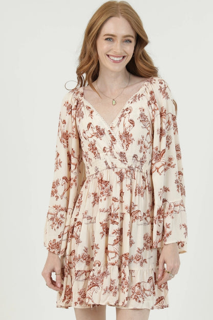 Angie Horse Floral Print V Neck Dress with Bell Sleeves Ivory