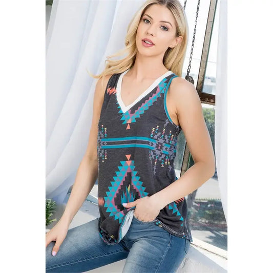 Avery Gimena Aztec Print V-Neck Sleeveless Top