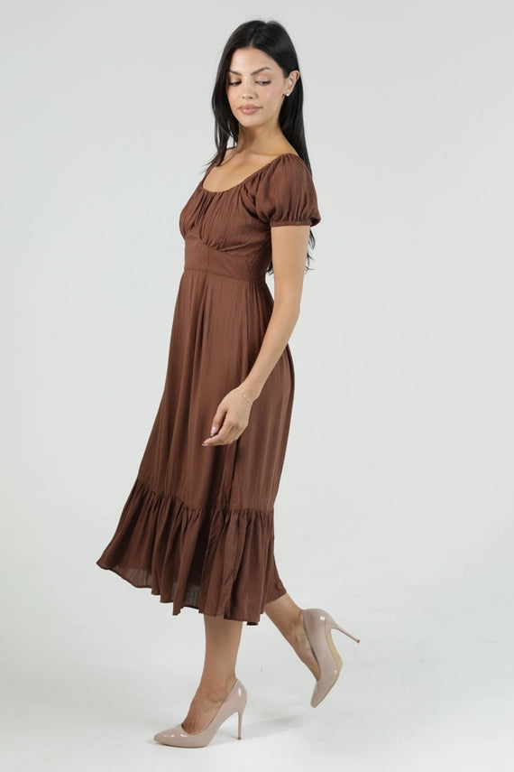 Angie Puff Sleeve Midi Dress Brown