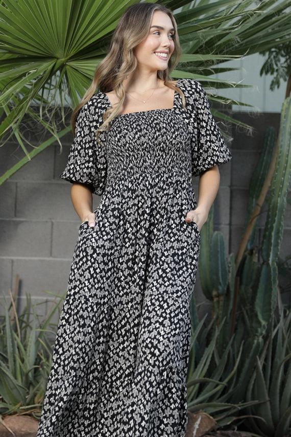 Angie Cactus Print Smocked Bodice Puff Sleeve Midi Dress Black