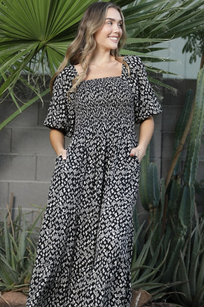 Angie Cactus Print Smocked Bodice Puff Sleeve Midi Dress Black