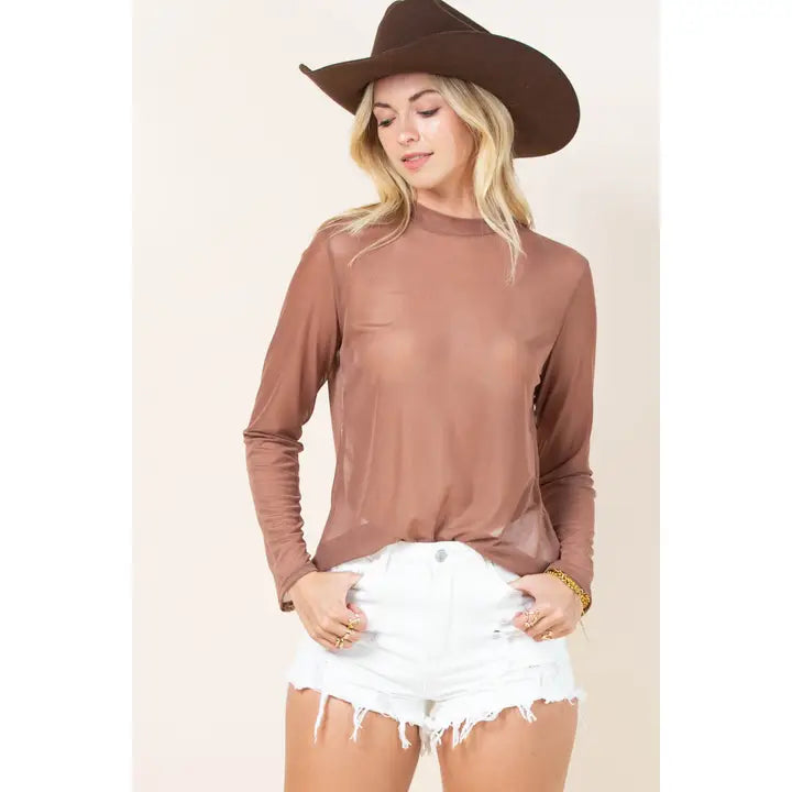 Avery Gemma Solid Semi Sheer Long Sleeve Mesh Top Mocha