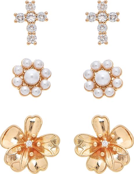 Rain Gold Faith & Flowers Three Post Earring Set