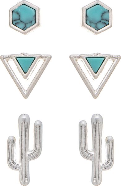 Rain Silver Turquoise Southwest Cactus Three Post Earring Set