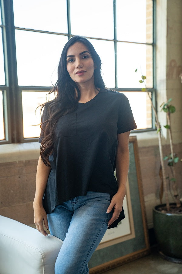 Lucky & Blessed Short Sleeve Hi-Low Hem Top Black