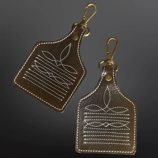 Westrian Western Cowboy Boot Stitched Leather Keychain Cow Tag