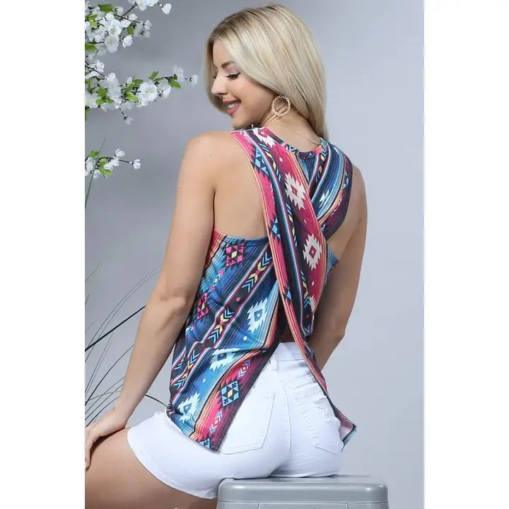 Avery Valeria Aztec Serape Print Cross Back Sleveless Top